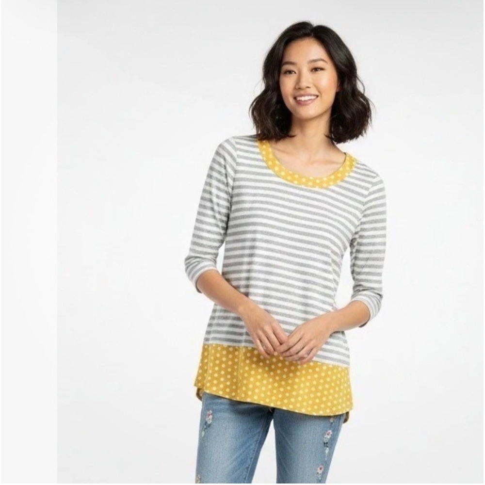 Matilda Jane Womens Large Striped Polka Dot Mixed Print Tunic Top Grey Yellow